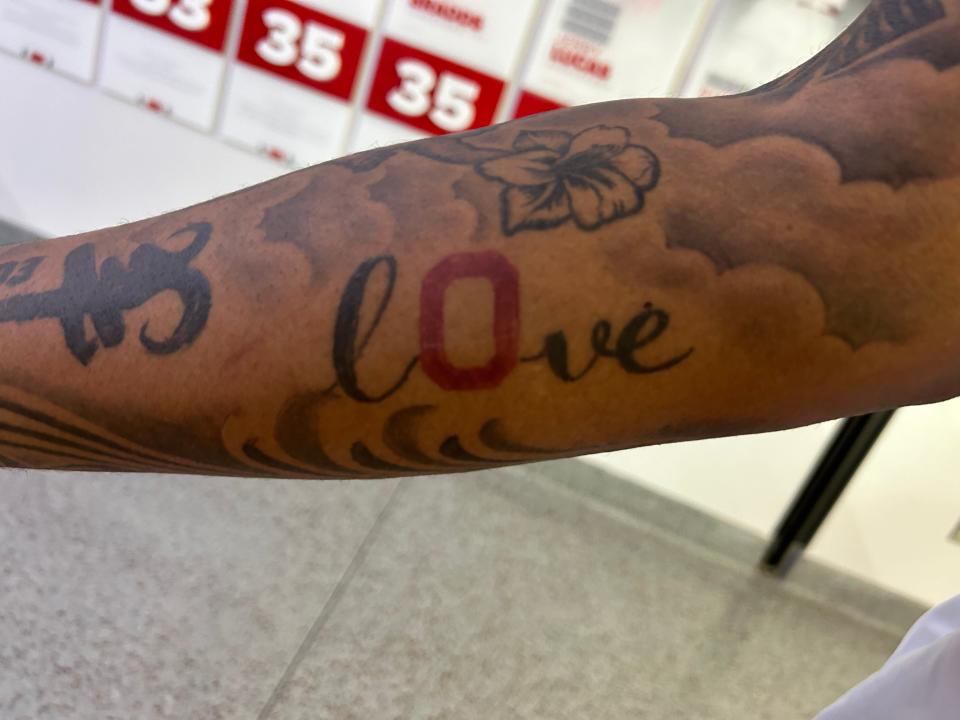 Brice Sensabaugh shows off his Ohio State-themed tattoo while attending "Vet Week" at the Jerome Schottenstein Center on June 18, 2024.