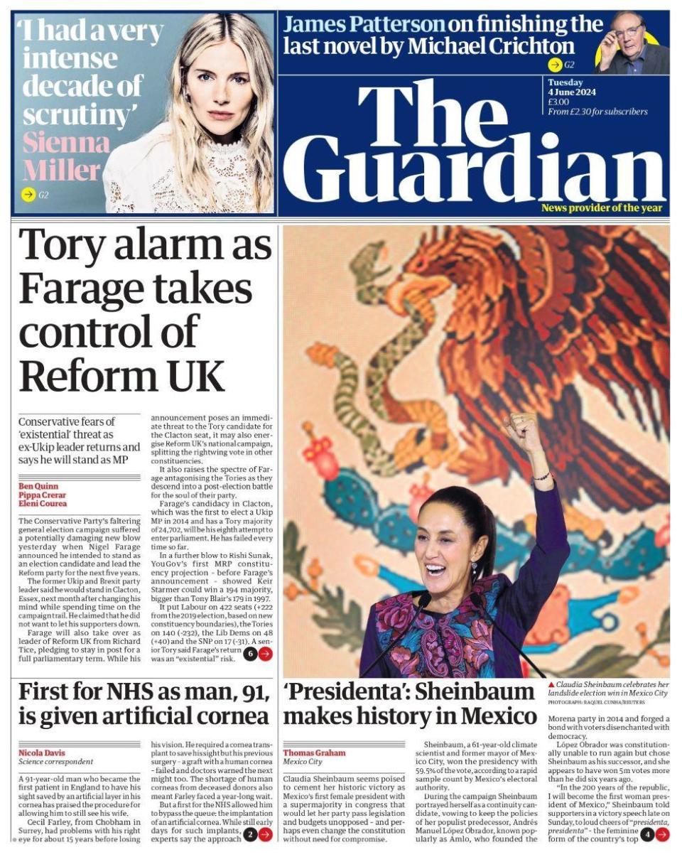 "Tory alarm as Farage takes control of Reform UK" reads the Guardian's top story