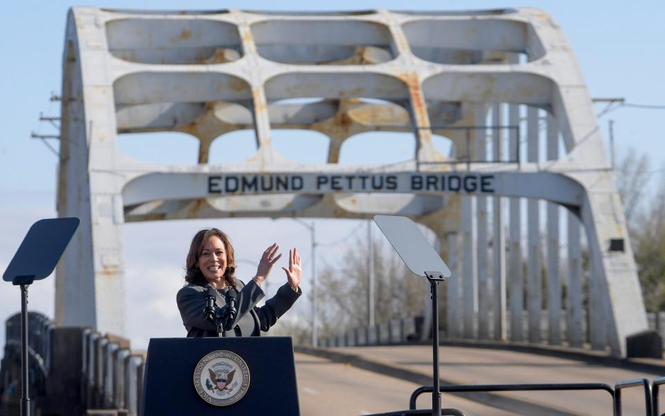 Vice President Kamala Harris speaks at the foot of the Edmund Pettus Bridge in Selma, Ala., on Sunday March 3, 2024 during the 59th anniversary celebration of the Bloody Sunday March.