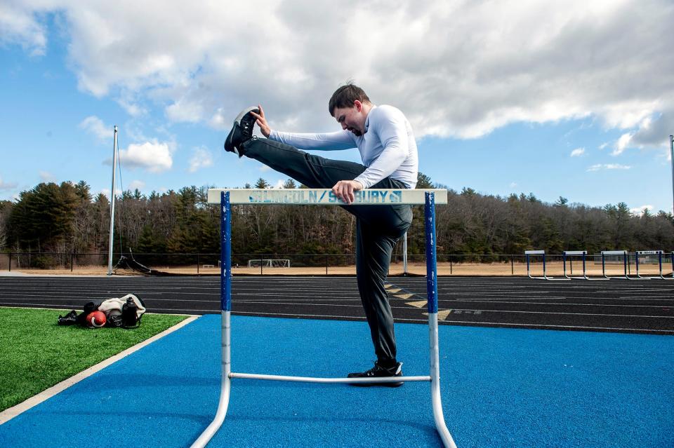 Otto Zaccardo, a 2015 Lincoln-Sudbury Regional High School graduate who played football at Syracuse University, traveled to Houston this past weekend to try out for the United States Football league (USFL ). Here he is pictured working out on the Sudbury school field, Feb. 14, 2023.