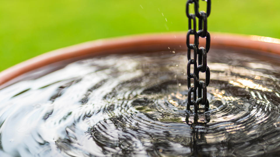 A rain chain filling a container with water