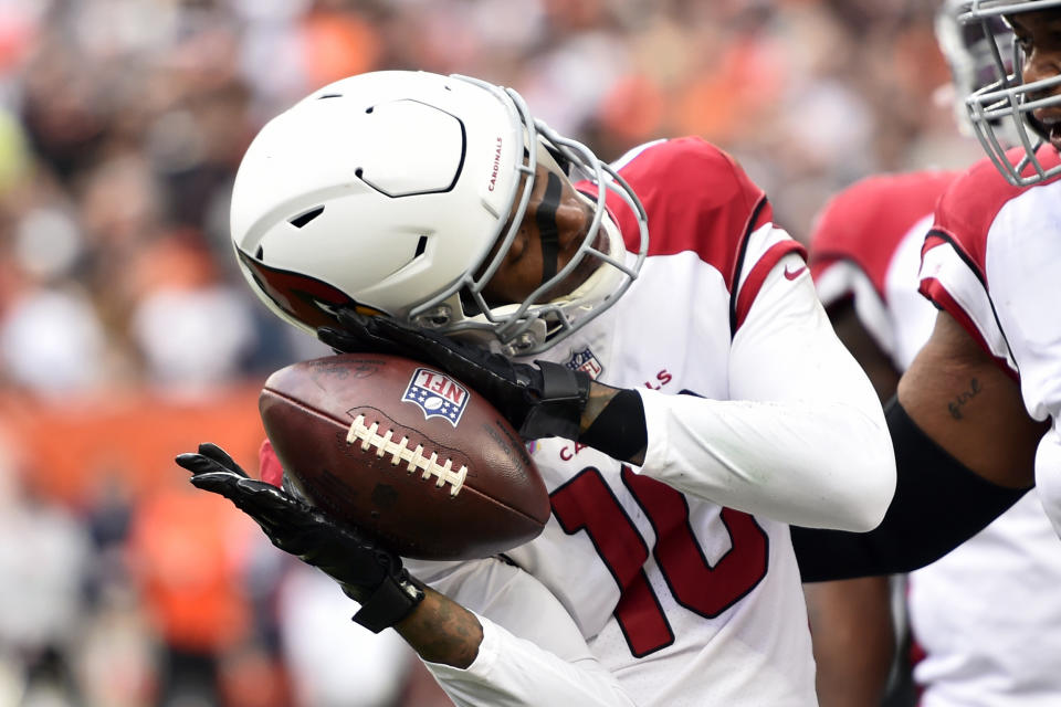 Arizona Cardinals wide receiver DeAndre Hopkins celebrates after scoring a 13-yard touchdown during the first half of an NFL football game against the Cleveland Browns, Sunday, Oct. 17, 2021, in Cleveland. (AP Photo/David Richard)