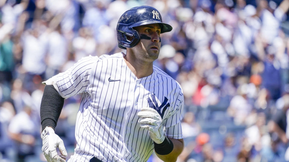 Joey Gallo is moving on to the Los Angeles Dodgers at the MLB trade deadline just one year after a different deal brought him to the Yankees. (AP Photo/Mary Altaffer)