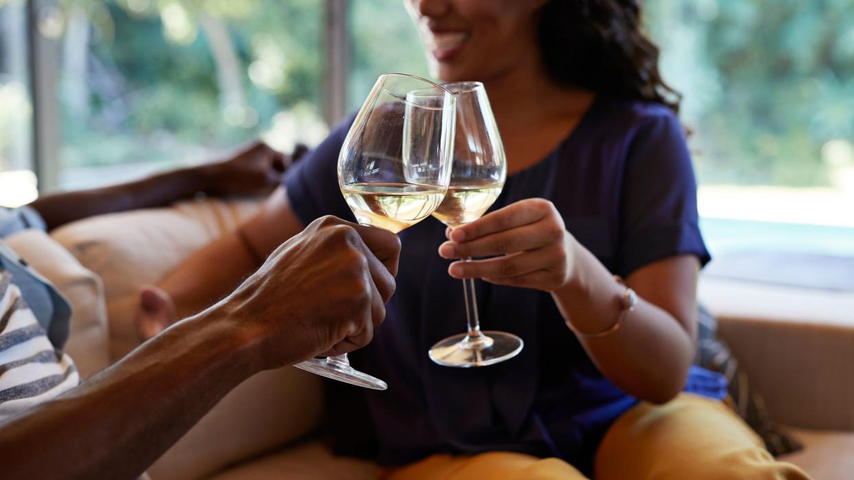 Family enjoying the weekend in their home cheersing wine glasses