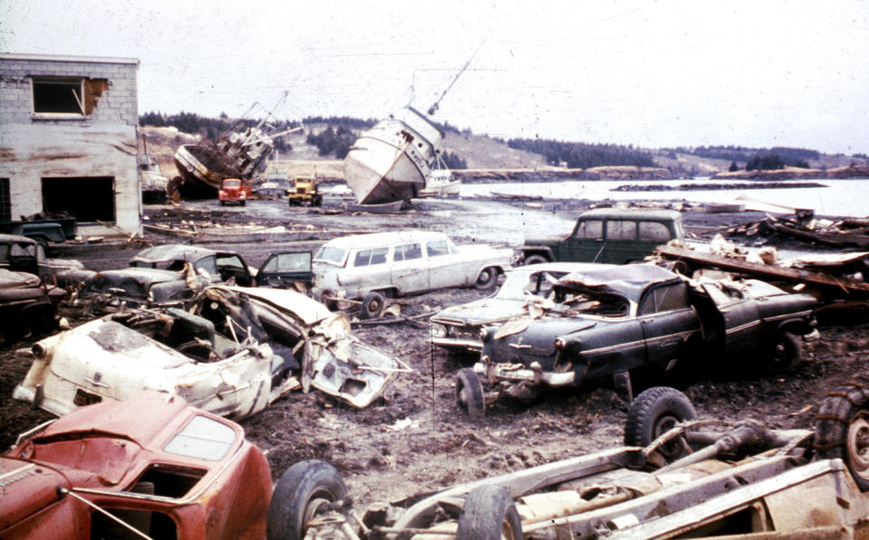 In this March 1964 photo released by the U.S. Geological Survey, tsunami damage is shown along the waterfront in Kodiak, Alaska. North America's largest earthquake rattled Alaska 50 years ago, killing 15 people and creating a tsunami that killed 124 more from Alaska to California. The magnitude 9.2 quake hit at 5:30 p.m. on Good Friday, turning soil beneath parts of Anchorage into jelly and collapsing buildings that were not engineered to withstand the force of colliding continental plates. (AP Photo/U.S. Geological Survey)