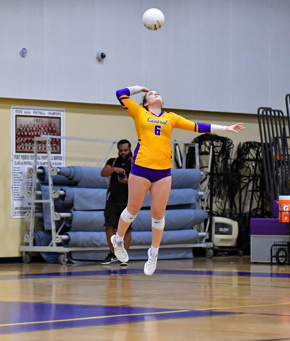 Fort Pierce Central's Kailani Zezas (6) serves the ball in a high school volleyball game against Vero Beach on Tuesday, Sept. 26, 2023, in Fort Pierce. The Cobras won in three sets.