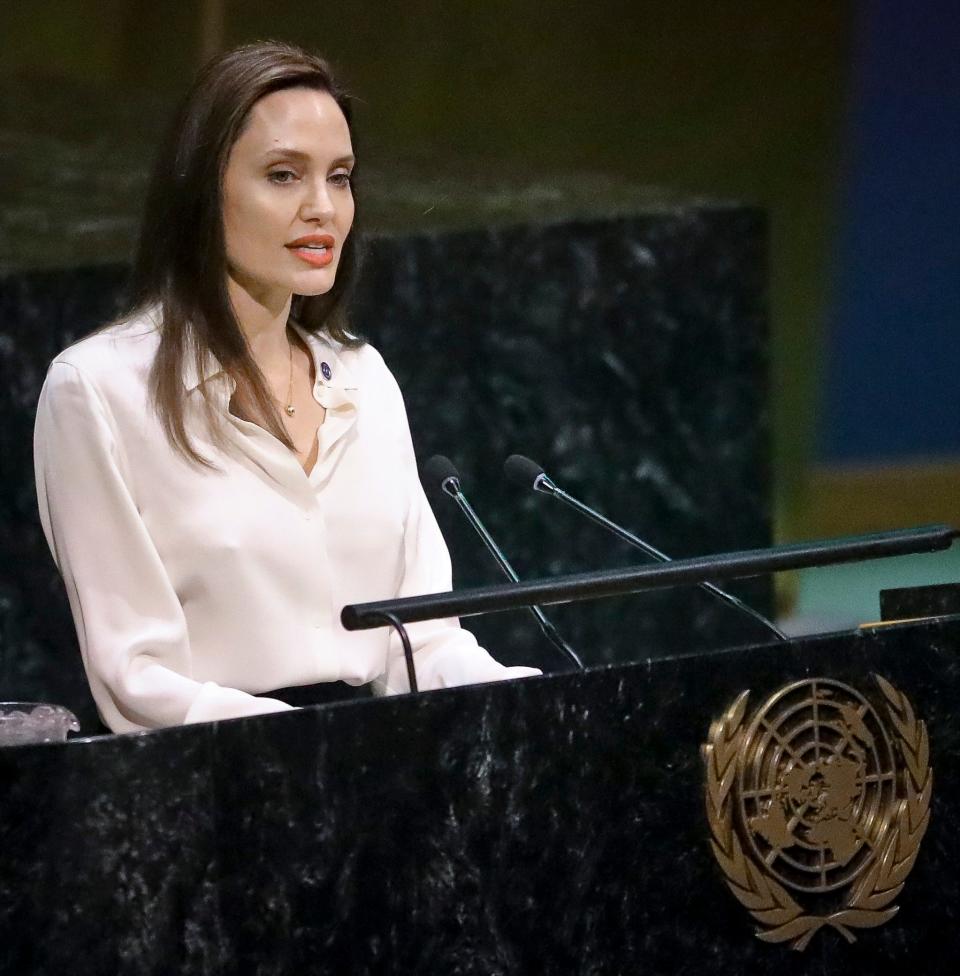 Angelina Jolie, U.N. high commissioner for refugees special envoy, address a meeting on peacekeeping at U.N. headquarters in New York in March 2019.