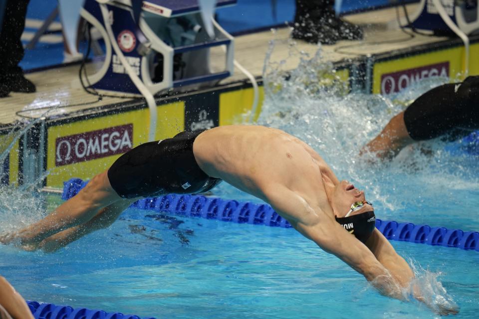 FILE - Ryan Murphy participates in the men's 200 backstroke during wave 2 of the U.S. Olympic Swim Trials on June 17, 2021, in Omaha, Neb. Although there is scant scientific evidence that razoring off every bit of exposed hair actually produces faster times, swimmers cling to this tradition before every big meet. (AP Photo/Jeff Roberson, File)