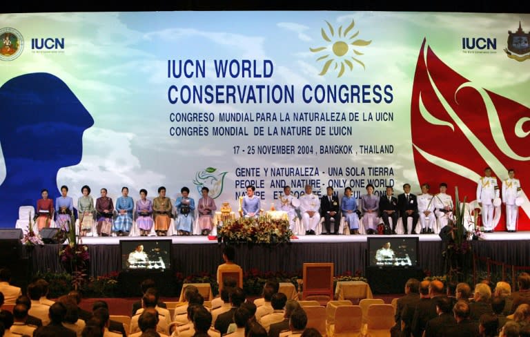 Queen Sirikit of Thailand (C-in blue) presides over the opening session of the third IUCN World Conservation Congress at the Queen Sirikit National Convention Center in Bangkok, on November 17, 2004