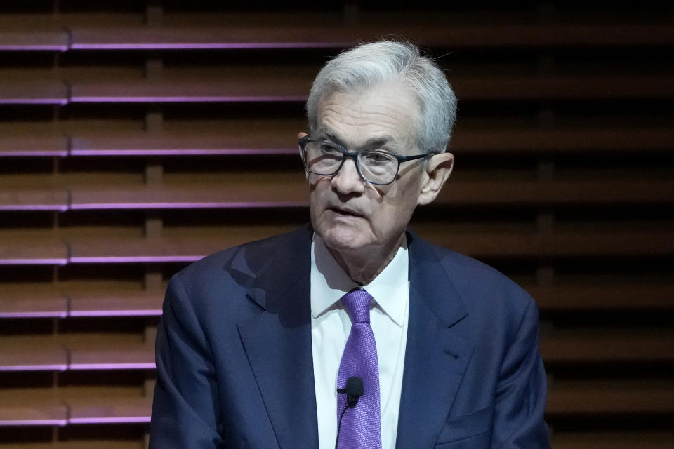 Federal Reserve Board Chair Jerome Powell speaks at the Business, Government and Society Forum at Stanford University in Stanford, Calif., Wednesday, April 3, 2024. (AP Photo/Jeff Chiu)