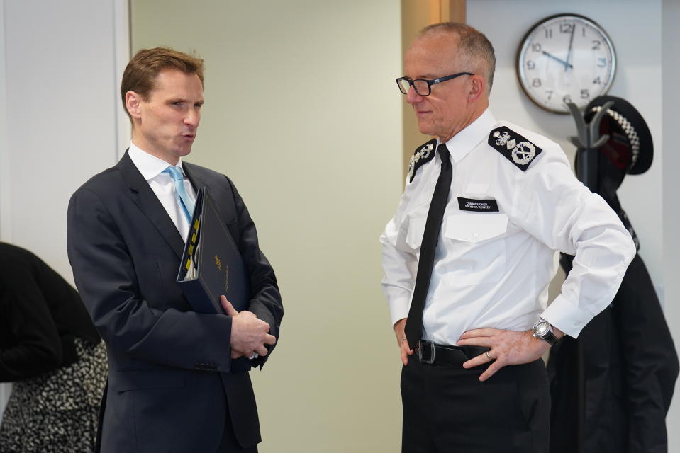 Chris Philp MP talks to Metropolitan Police Commissioner Sir Mark Rowley (right) at a meeting of the National Policing Board at the Home Office in London. The Board, made up of law enforcement partners including the National Police Chiefs' Council, the National Crime Agency and the Met Police Commissioner. Picture date: Wednesday November 30, 2022. (Photo by James Manning/PA Images via Getty Images)