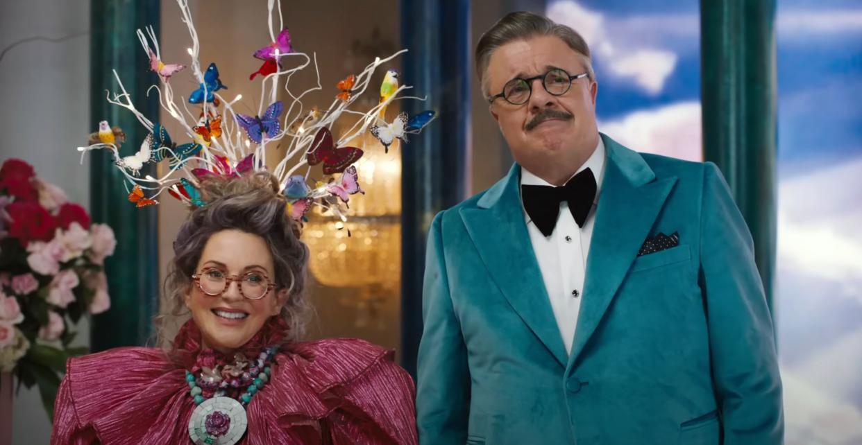 Megan Mullally and Nathan Lane play the eccentric parents of the central siblings in Dicks: The Musical. (Courtesy Everett Collection)