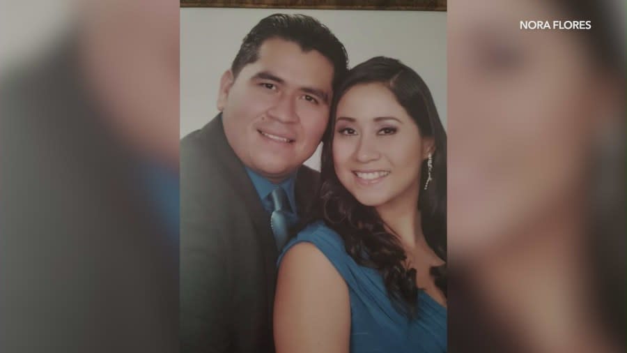 Luis Hernandez, pictures here with his wife, was shot in front of his three children outside their family business on April 6. There are two suspects in the case. His family spoke with KTLA on April 13, 2024. (Nora Flores)