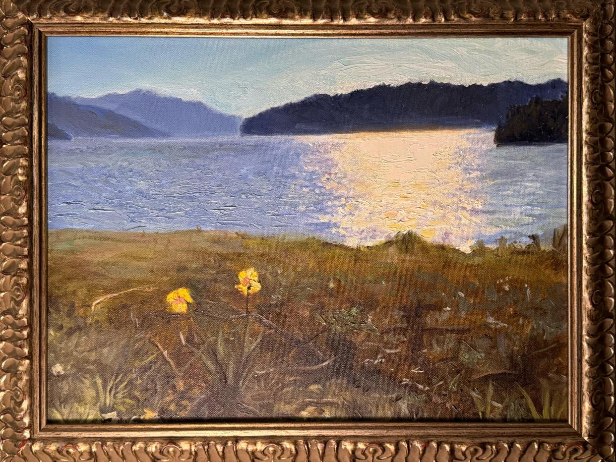 "Nick-A-Jack Lake, Tennessee" is the title of this artwork, created by artist Jim Foos. The piece is an oil painting on canvas.