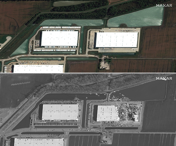Satellite photos provided by Maxar show an Amazon warehouse in Illinois, taken on September 24, 2021, and December 11, 2021. / Credit: Satellite image ©2021 Maxar Technologies via AP