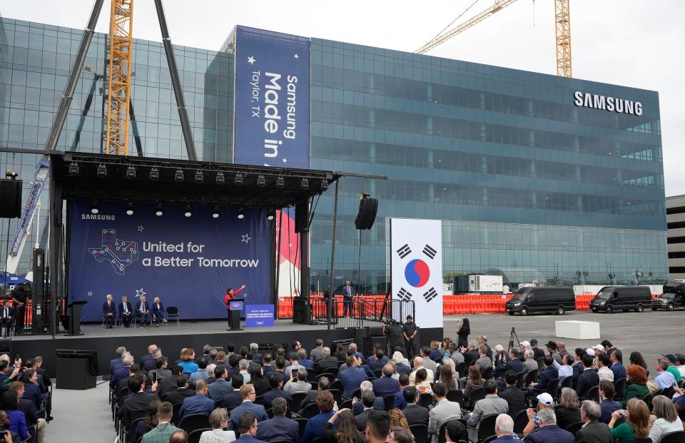 U.S. Secretary of Commerce Gina Raimondo announces a major grant at the Samsung semiconductor plant in Taylor on Monday.