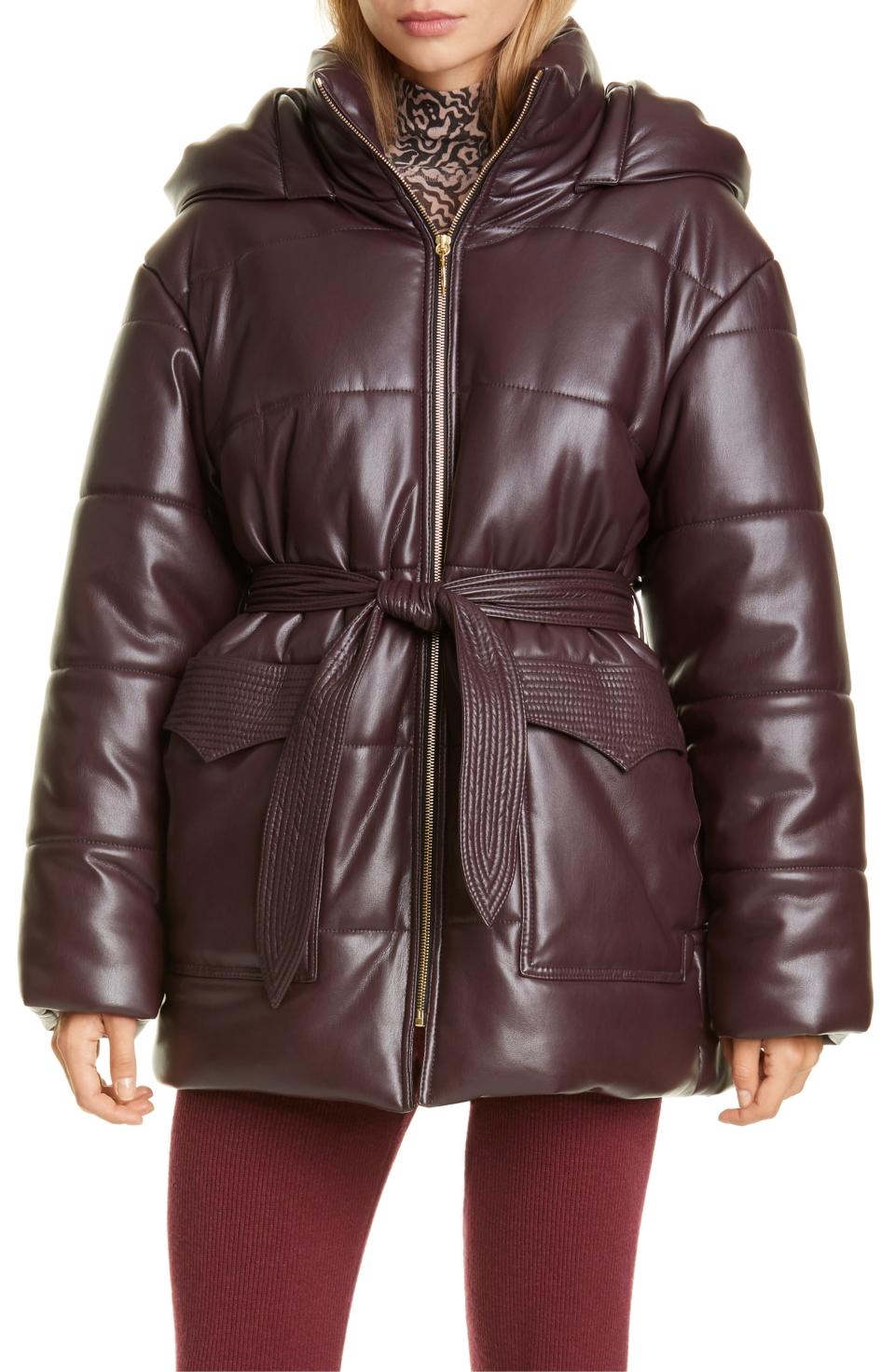 Lenox Faux Leather Belted Puffer Coat