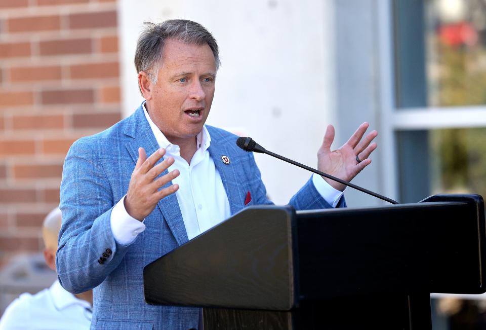 University of Utah President Taylor Randall speaks during a ribbon-cutting event for the Dumke Gymnastics Center’s expansion at the University of Utah in Salt Lake City on Thursday, Aug. 17, 2023. | Kristin Murphy, Deseret News