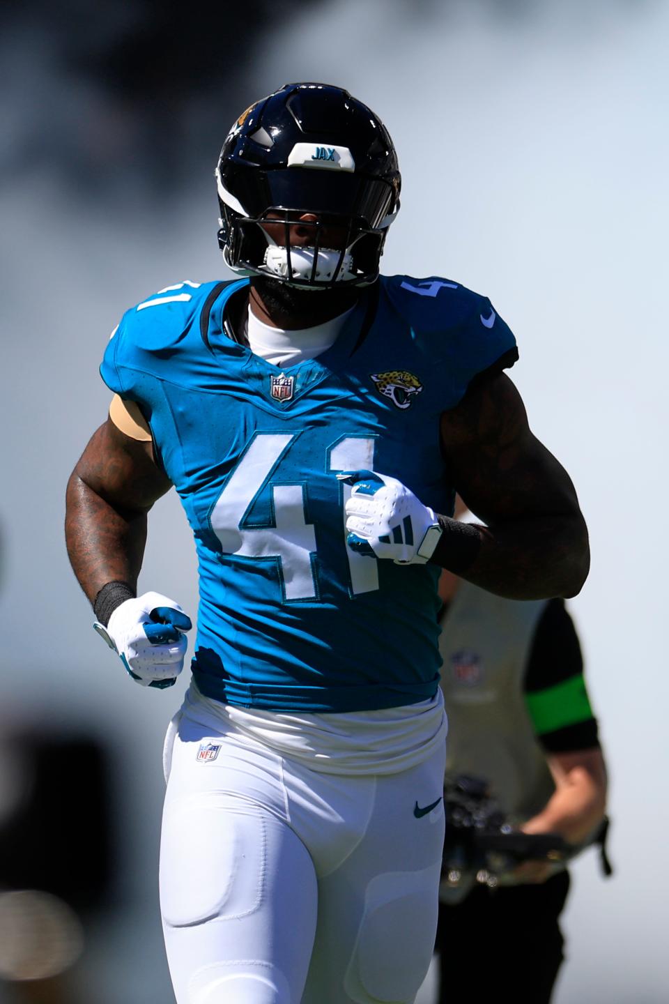 Jacksonville Jaguars linebacker Josh Allen (41) is introduced before an NFL football matchup Sunday, Oct. 15, 2023 at EverBank Stadium in Jacksonville, Fla. The Jacksonville Jaguars defeated the Indianapolis Colts 37-20. [Corey Perrine/Florida Times-Union]