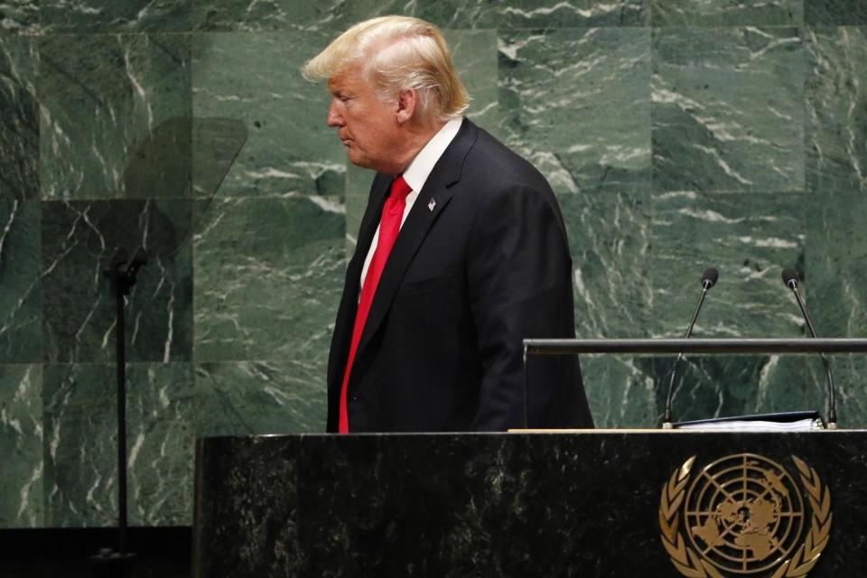 Mr Trump leaves after his address kicked off the UN summit in New York (EPA)