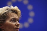 Incoming European Commission President Ursula von der Leyen talks to European Commission Vice-President Frans Timmermans prior a ceremony to mark the 30th anniversary of the fall of the Berlin Wall, at the European Parliament in Brussels, Wednesday, Nov. 13, 2019. (AP Photo/Francisco Seco)