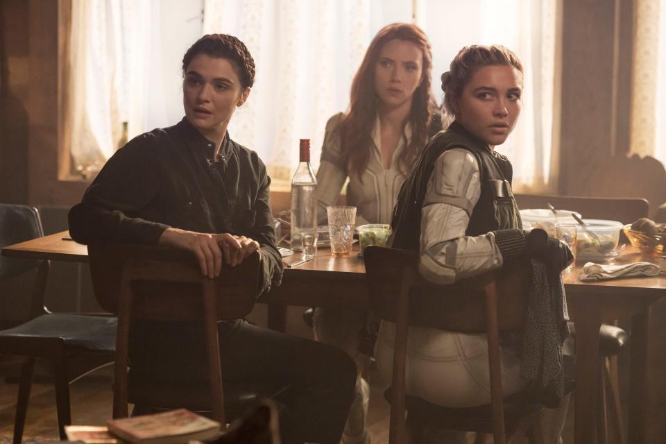 Melina (Rachel Weisz, far left), Natasha (Scarlett Johansson) and Yelena (Florence Pugh) reunite for the first time in years in "Black Widow."