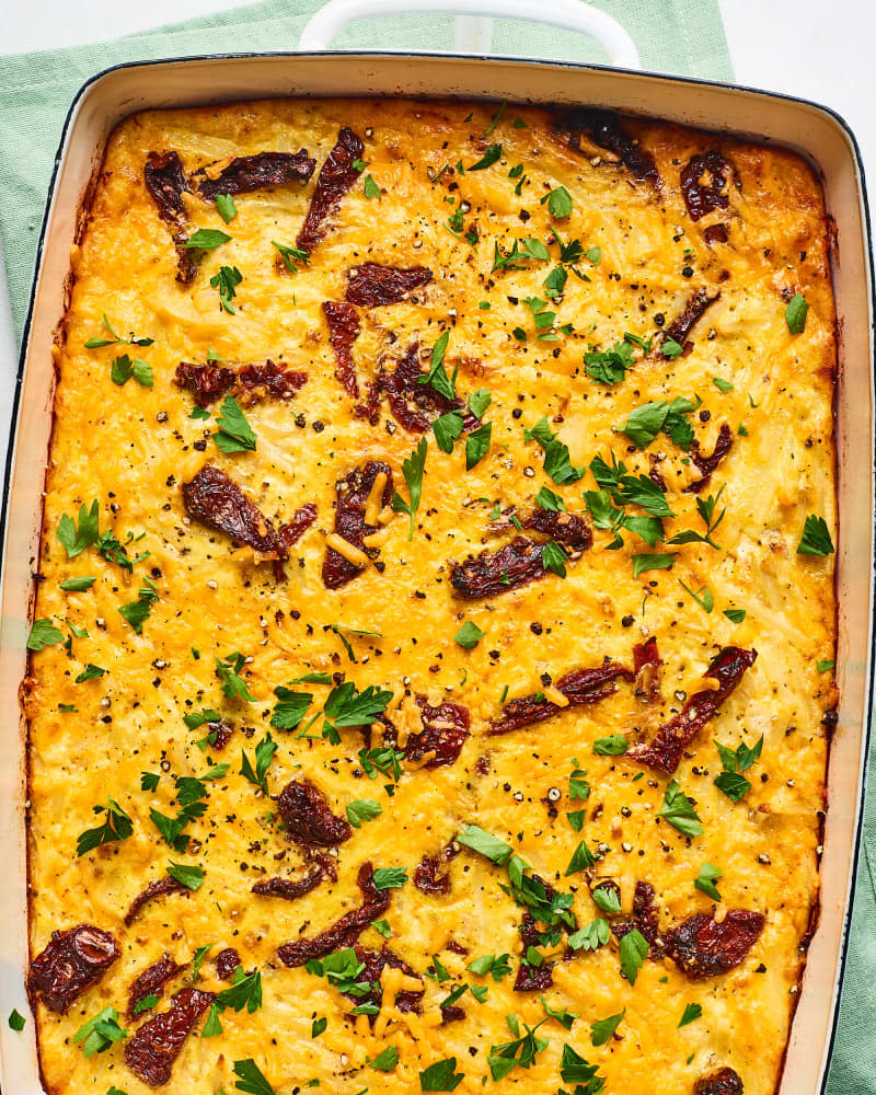 Cheesy Potato Breakfast Casserole with Cheddar & Sun-Dried Tomatoes