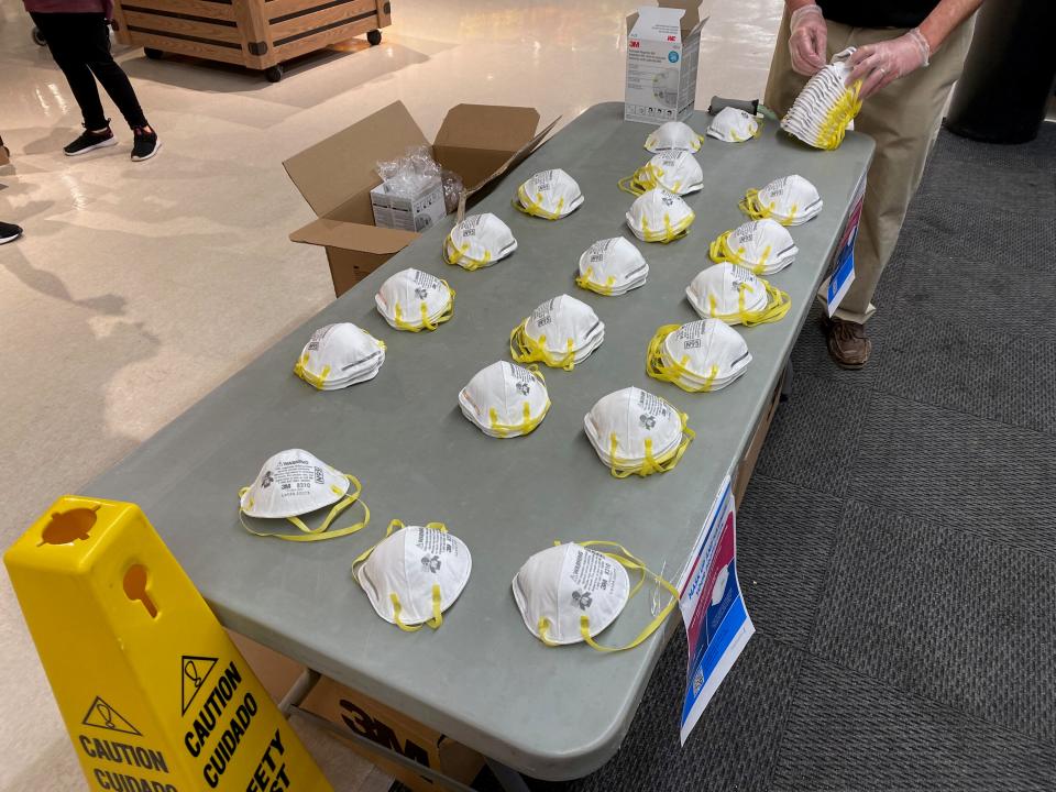 N95 masks provided by the federal government are pictured at about 6:30 p.m. Jan. 26, 2022, at the Meijer store in Adrian. Customers could take up to three masks each.