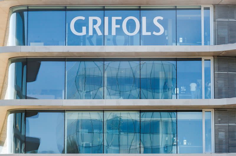 FILE PHOTO: The logo of the Spanish pharmaceuticals company Grifols is pictured on their headquarters' building in Sant Cugat del Valles