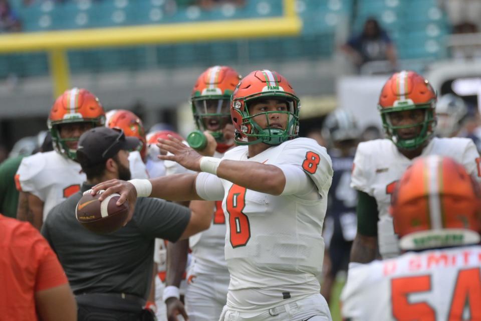 Florida A&M University quarterback Jeremy Moussa (8) warms up during pregame at Orange Blossom Classic, Sept. 4, 2022