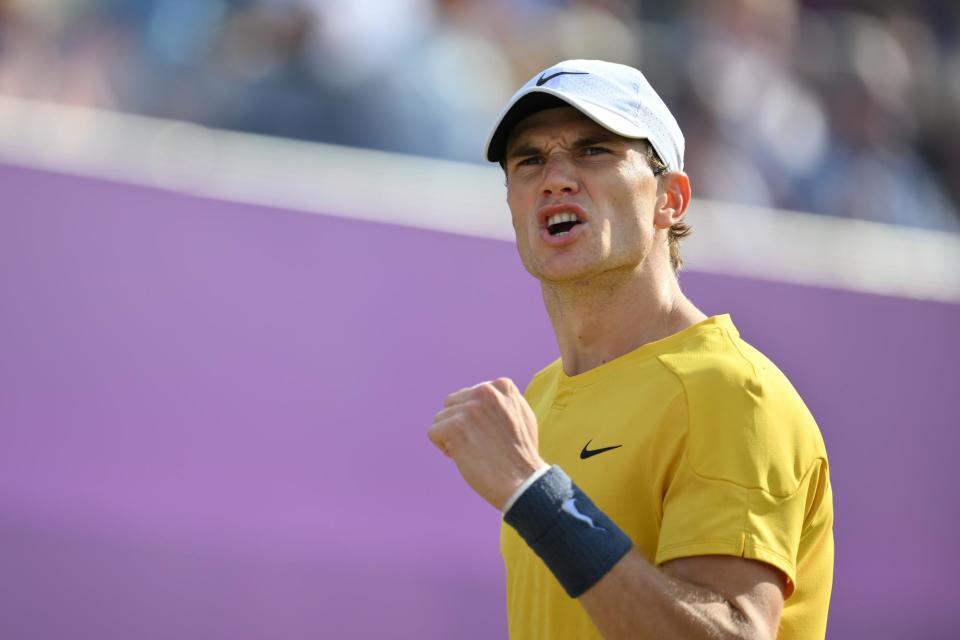 <span>‘Tall, big-serving and with a crunching lefty forehand’: Jack Draper celebrates a break point during the men’s singles quarter-finals at Queen’s on 21 June.</span><span>Photograph: Ashley Western/Colorsport/Rex/Shutterstock</span>
