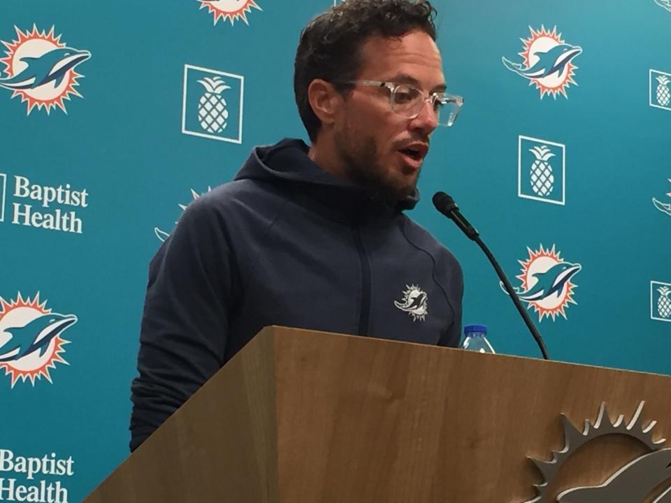 Miami Dolphins coach Mike McDaniel addresses reporters Saturday, Aug. 3, 2024.