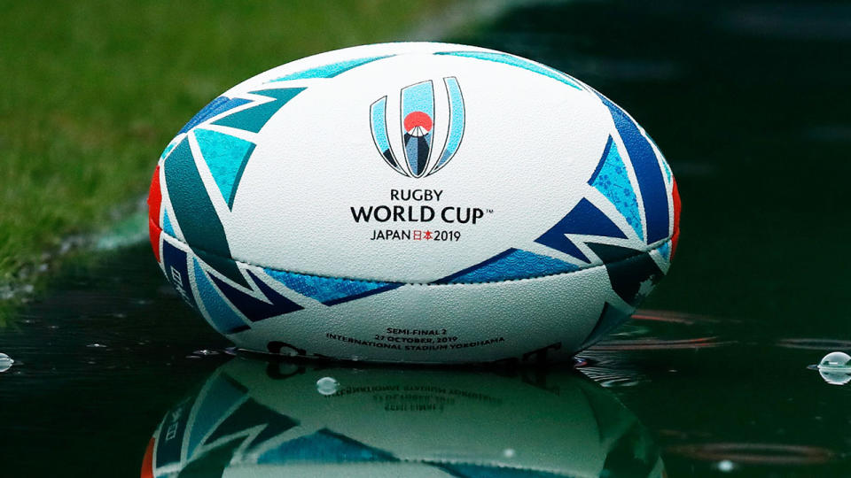 A ball from the 2019 Rugby World Cup in Japan is pictured.