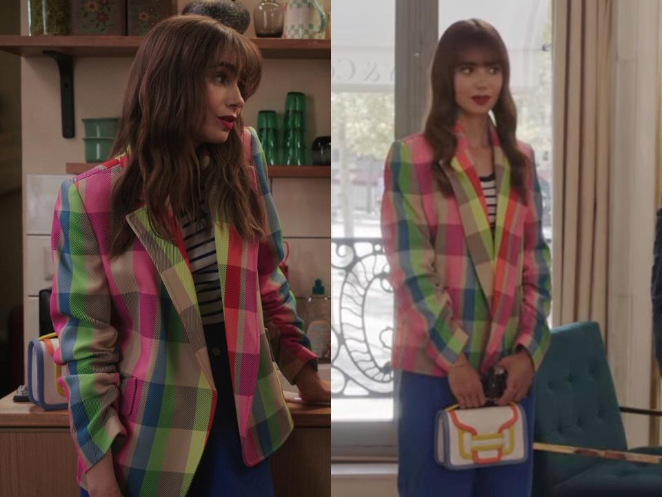 Lily Collins wearing a multi-colored blazer on "Emily in Paris."