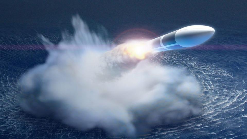 The Pentagon has hired X-Bow Systems to provide solid rocket motors to power the Navy’s hypersonic all-up round for its Conventional Prompt Strike weapon system, seen here in an artist’s rendering. (Lockheed Martin)