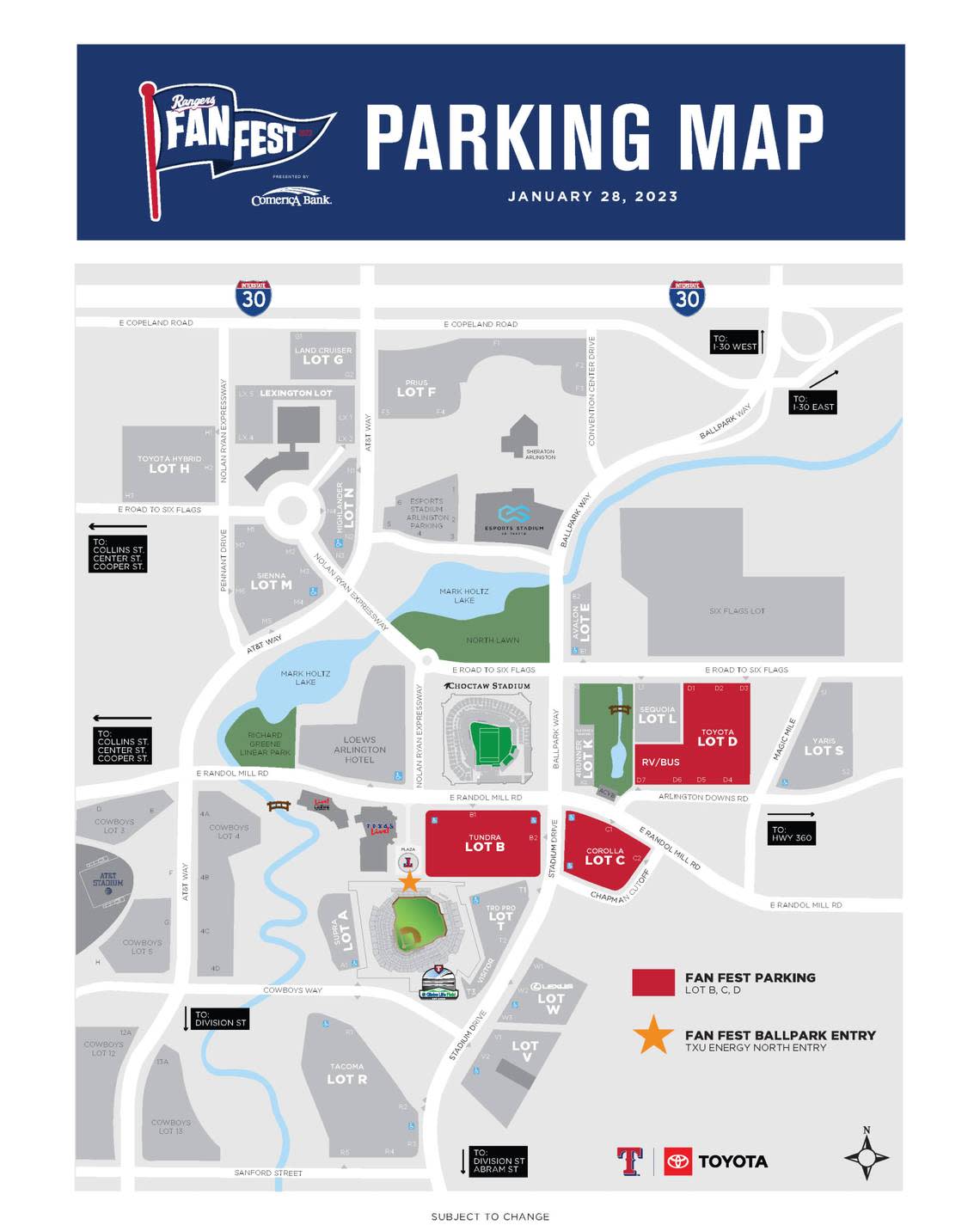 A map of parking and the entry gate for the 2023 Texas Rangers Fan Fest.