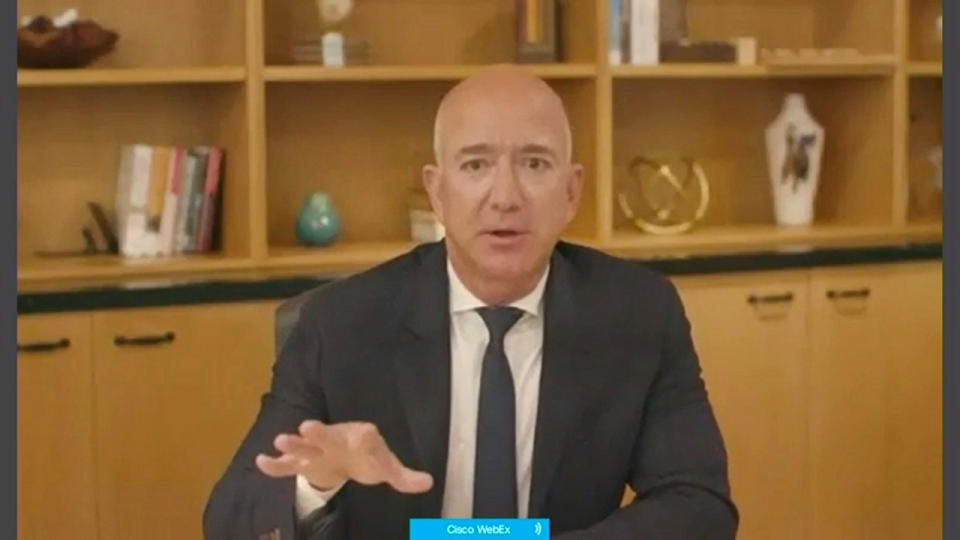 Amazon CEO Jeff Bezos testifies remotely by videoconference during a U.S. House Judiciary Subcommittee on Antitrust, Commercial and Administrative Law hearing on 