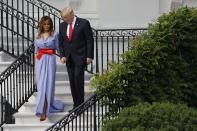 Melania Trump‘s outfit for the annual White House Fourth of July picnic was as American as it gets. The first lady, who joined President Trump in hosting military families for fireworks and food, wore a floor-length dress by Ralph Lauren costing £2,112. She decorated the look in patriotic red by addition of a red belt at the waist. [Photo: Getty]