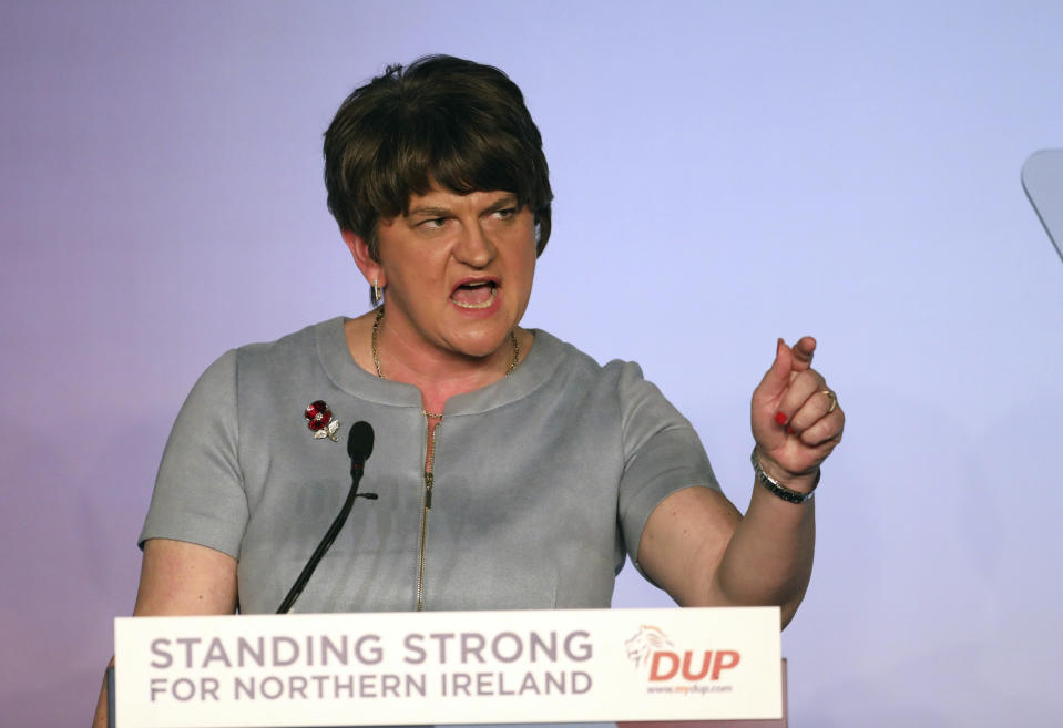 Democratic Unionist Party leader Arlene Foster speaks to delegates at the party's annual conference in Belfast, Northern Ireland, Saturday, Oct. 26, 2019. (AP Photo/Peter Morrison)