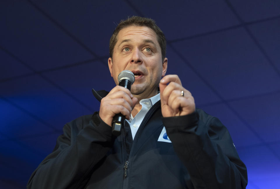 Conservative leader Andrew Scheer speaks during a campaign stop in Little Harbour, Nova Scotia, Thursday Oct. 17, 2019. (Adrian Wyld/The Canadian Press via AP)
