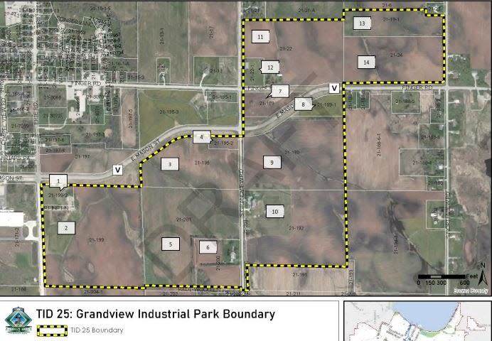 A screenshot outlines the tentative boundaries of the Grandview Industrial Park in yellow and black.