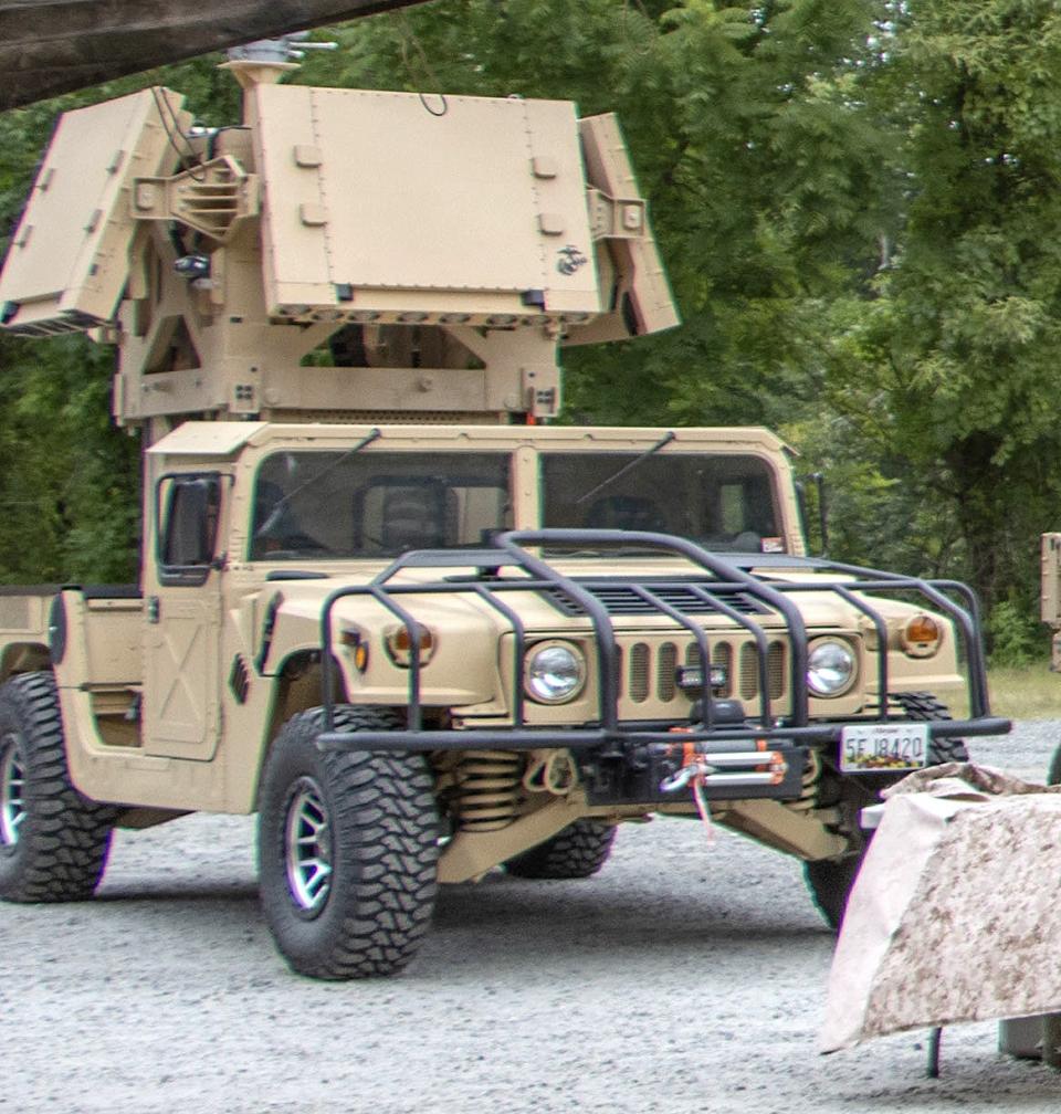 A Humvee equipped with an Enhanced & Extended Multi-Mission Hemispheric Radar system on display at Marine Corps Base Quantico, Virginia, in July 2023. <em>USMC</em>