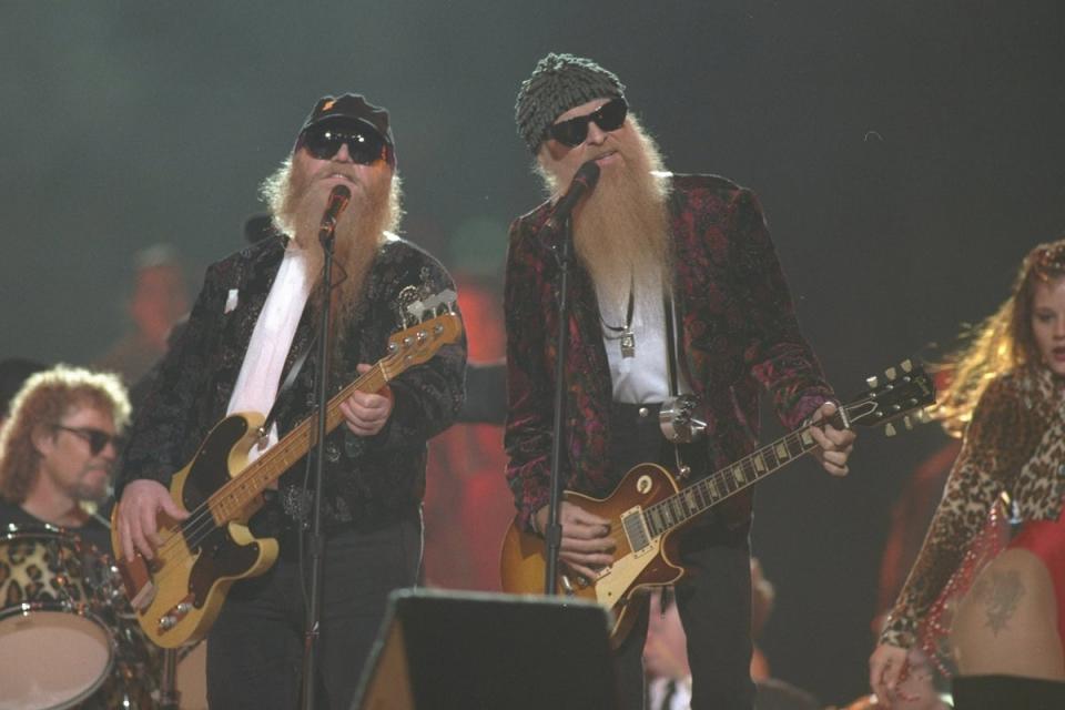 ZZ Top: ZZ Top performs during the half-time show of Super Bowl XXXI at the Louisiana Superdome in New Orleans, Louisiana in 1997 (Al Bello/Allsport/Getty Images)