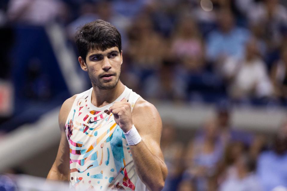 Spain's Carlos Alcaraz reacts during the US Open tennis tournament men's singles quarter-finals match against Germany's Alexander Zverev at the USTA Billie Jean King National Tennis Center in New York City, on September 6, 2023. (Photo by COREY SIPKIN / AFP) (Photo by COREY SIPKIN/AFP via Getty Images)