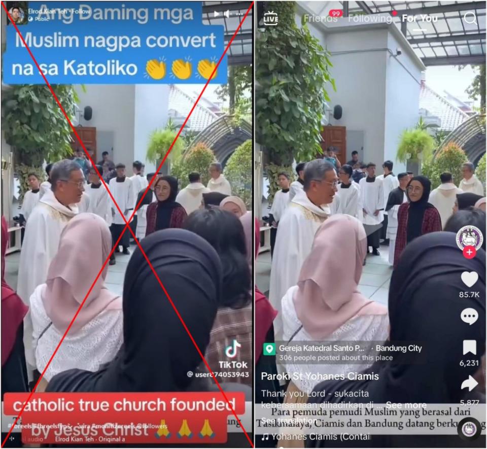 <span>Screenshot comparison of the video shared in a false posts (left) and in St John the Baptist's TikTok post (right)</span>