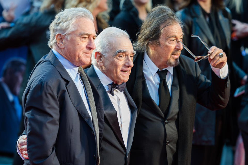 (Robert De Niro, Martin Scorsese y Al Pacino en el estreno internacional de "El Irlandés" en 2019 en Londres, Inglaterra. (Getty Images)