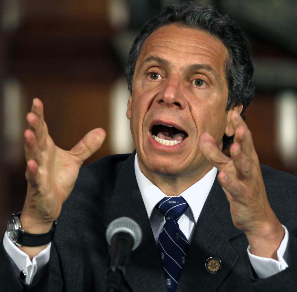 New York Gov. Andrew Cuomo speaks during a NY Works news conference in the Red Room at the Capitol in Albany, N.Y., on Thursday, May 3, 2012. Cuomo says he’s considering new ideas to pay for replacing the Tappan Zee Bridge after the federal government rejected a $2 billion loan application. The proposed $5.2 billion Tappan Zee is a high priority for Cuomo. It would build two spans to replace an aging, overcrowded bridge across the Hudson in New York City's suburbs. (AP Photo/Mike Groll)