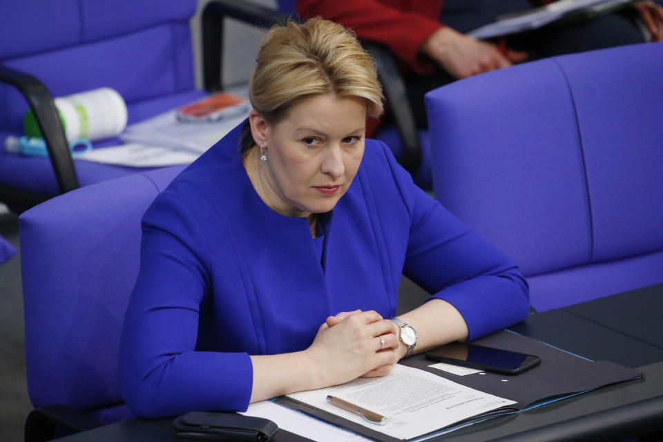 BERLIN, GERMANY - MAY 07: Family Minister, Franziska Giffey (SPD) sits in the German lower houses of parliament or Bundestag, on May 7, 2020 in Berlin, Germany. Among topics of debate today are a new bill to create further protective measures against a pandemic. Covid-19 infection rates across Germany are continuing to fall and authorities are easing lockdown measures on large portions of the economy.  (Photo by Michele Tantussi/Getty Images)