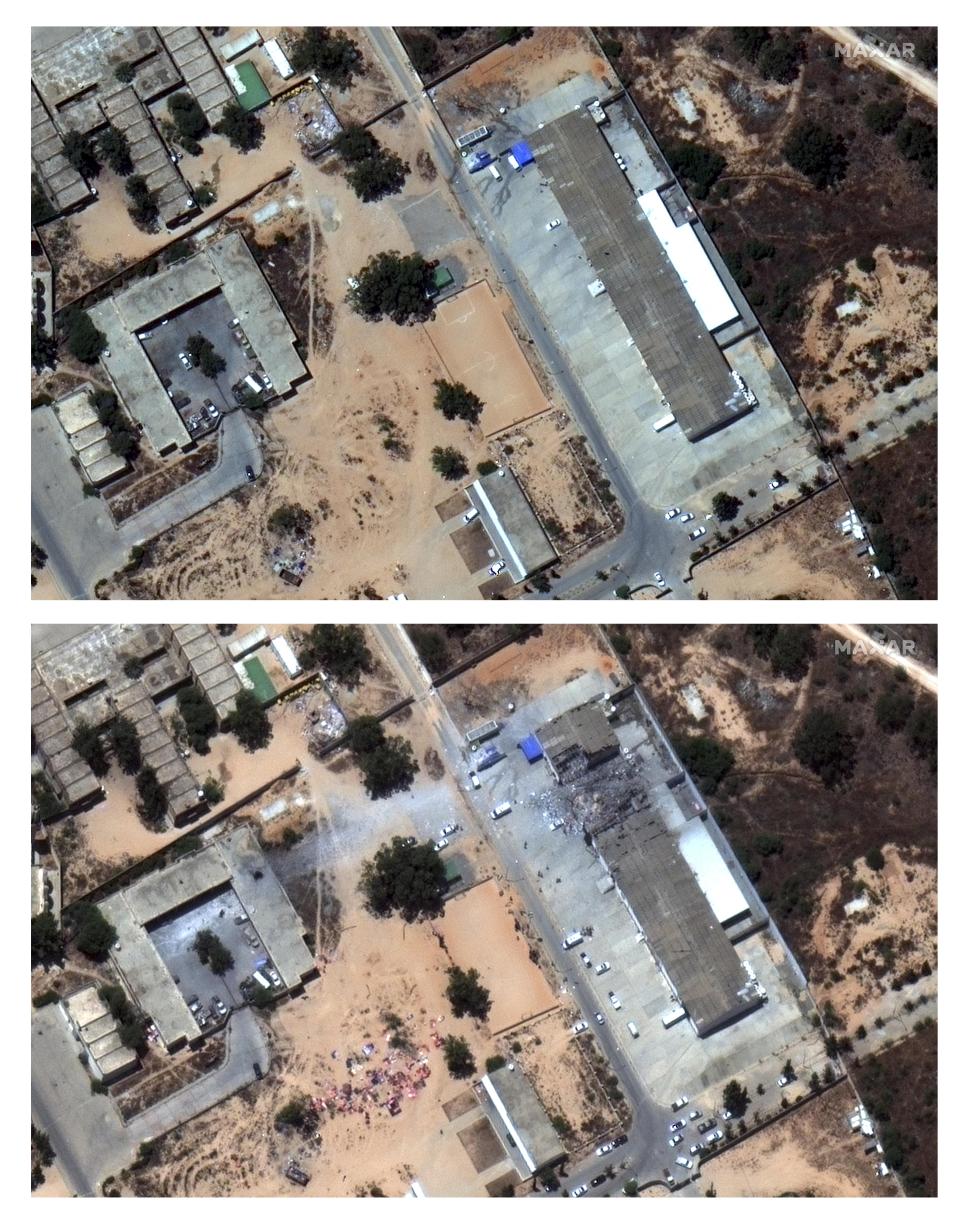 This satellite images provided by Maxar Technologies on Wednesday, July 3. 2019 show before, top, and after an airstrike hit a migrant detention facility in Tripoli, Libya. The U.N. mission to Libya says at least 44 migrants were killed when an airstrike hit the detention facility where they were being held outside the Libyan capital. (Satellite image ©2019 Maxar Technologies via AP)