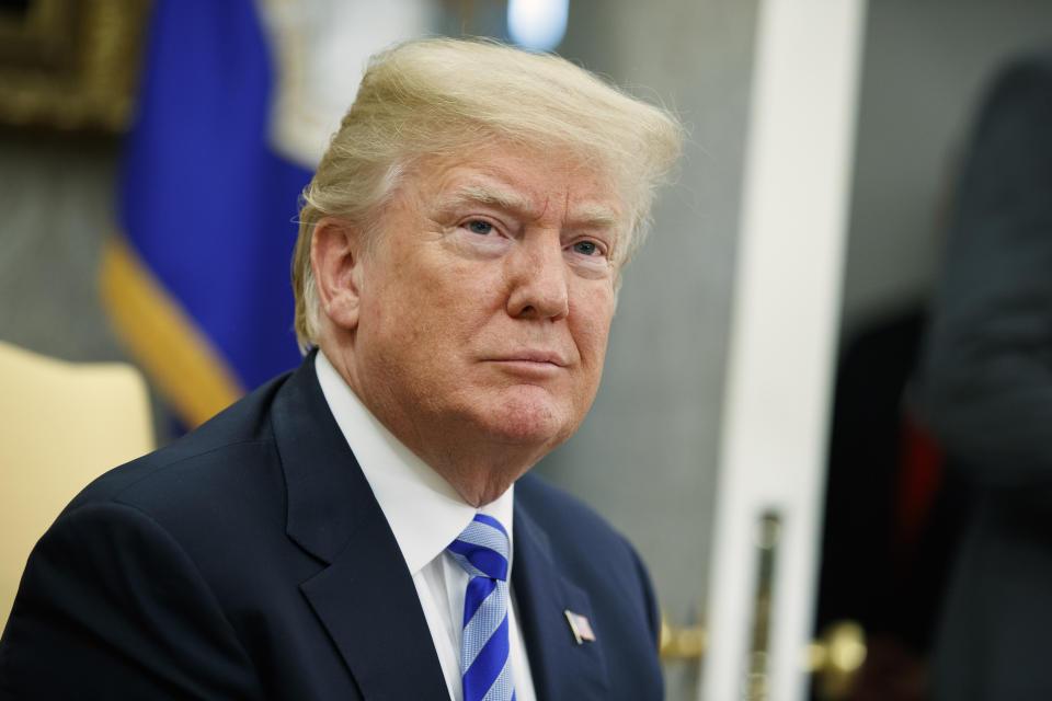 File - In this May 16, 2018 file photo, President Donald Trump listens to a question during a meeting in the Oval Office of the White House in Washington. Trump is backing San Diego businessman John Cox for California governor. Trump announced his endorsement on Twitter Friday, May 18, saying he looks forward to working with Cox to "Make California Great Again!" (AP Photo/Evan Vucci, File)